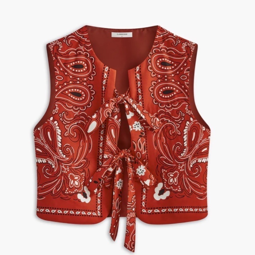 Cummense Vest XL Red Bandana Paisley Tie-Front Cropped Sleeveless Festival